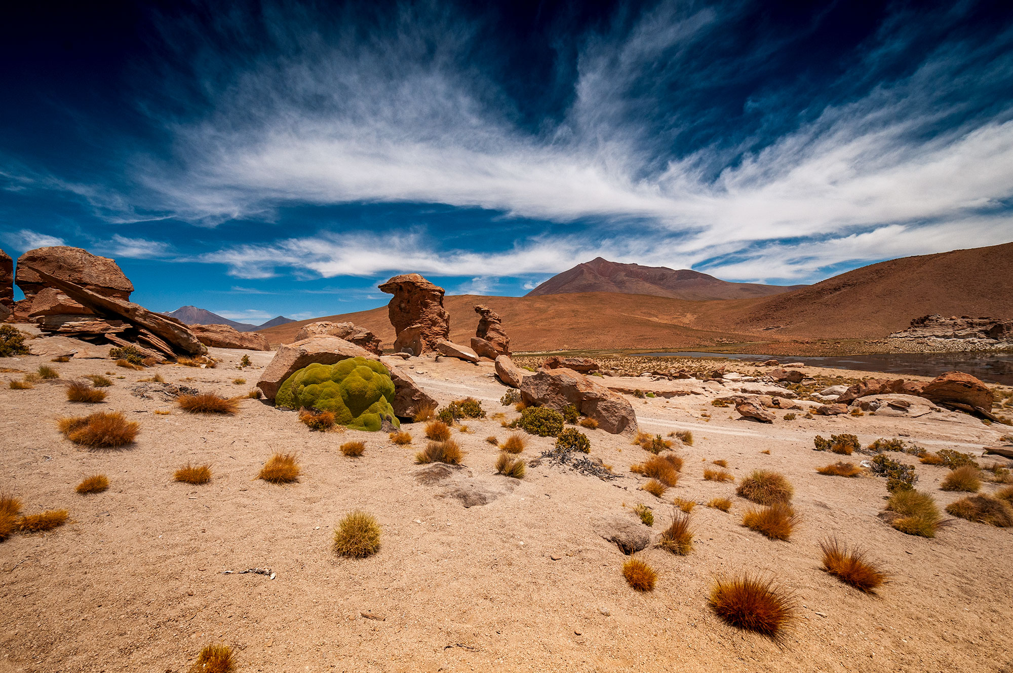 Photo of the desert landscapes of the Bolivian Altiplano between Uyuni and the Bolivian border. This photograph was taken by Swiss landscape photographer Jennifer Esseiva.
