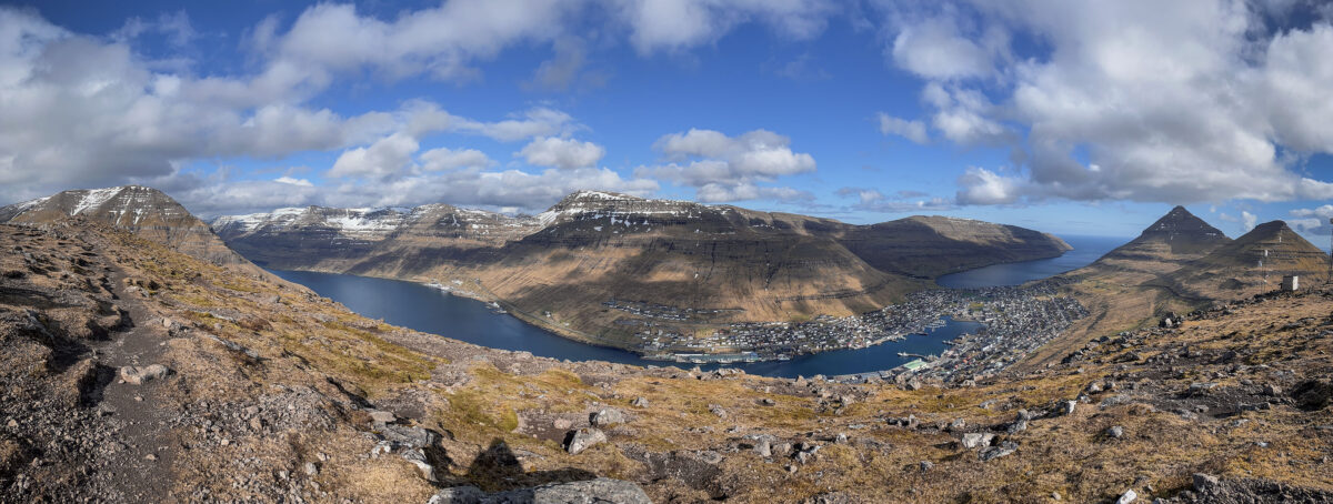 This breathtaking panorama captures the panoramic vista of Klaksvík as seen from the elevated vantage point of Klakkur.