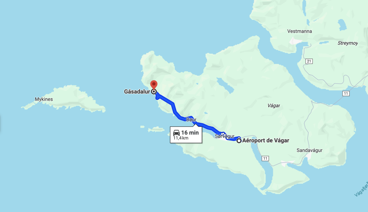 Google map view from Vagar airport to Gasaldur in the Faroe Islands.