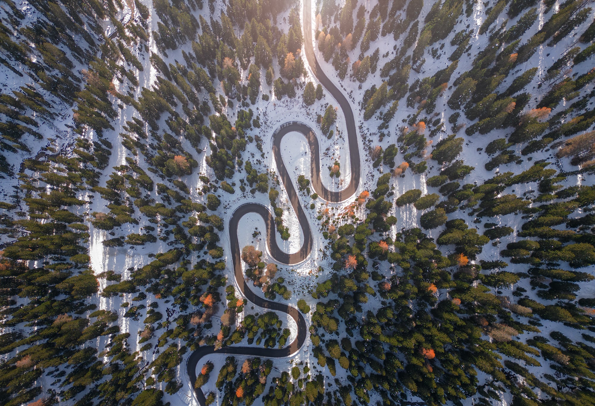 Aerial view over the Snake Road in the Dolomites, located on the Passo Giau road.