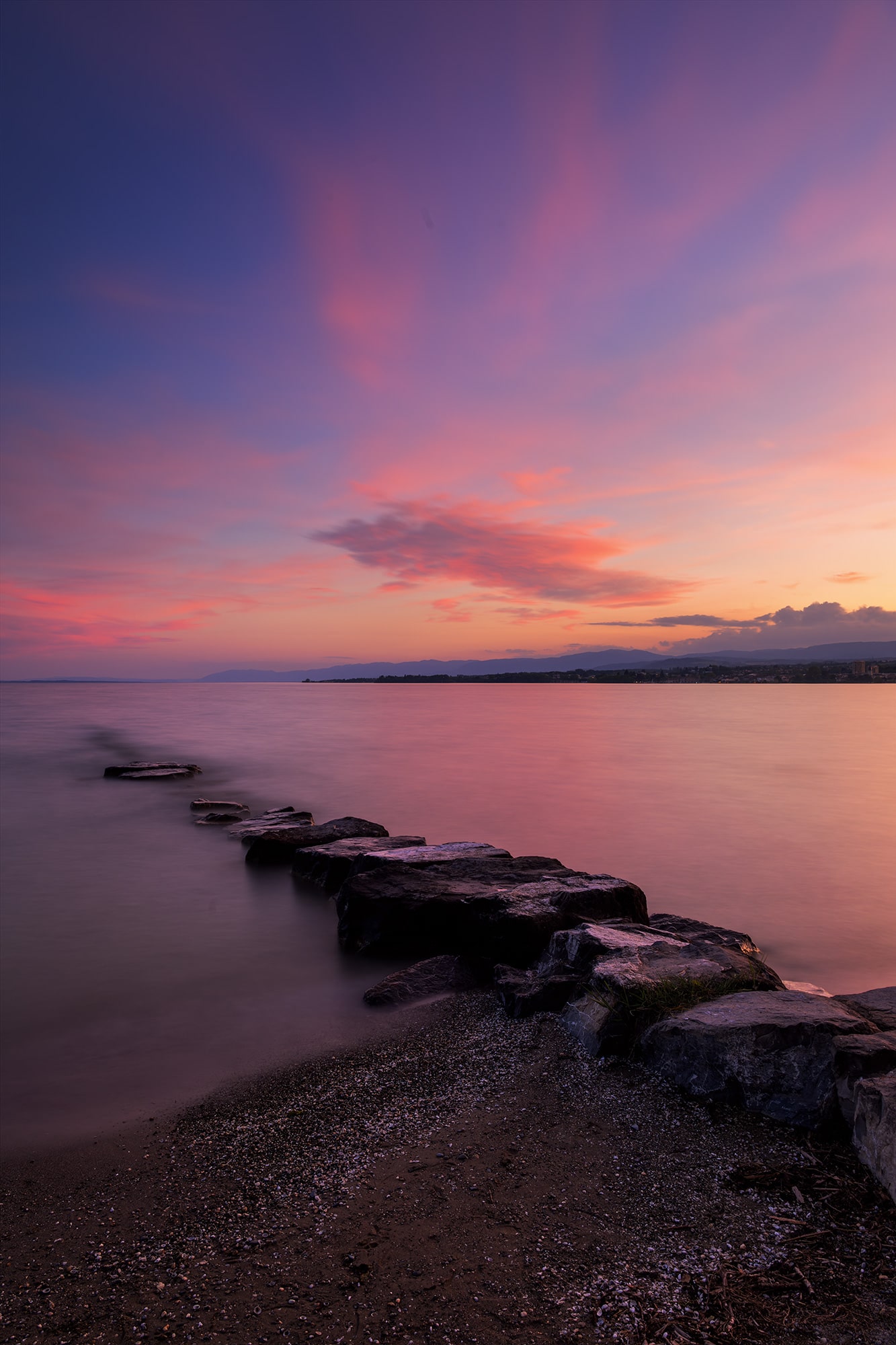 Sunset landscape photography of Préverenges Beach in Canton Vaud, Switzerland, captured with a Nikon Z8.