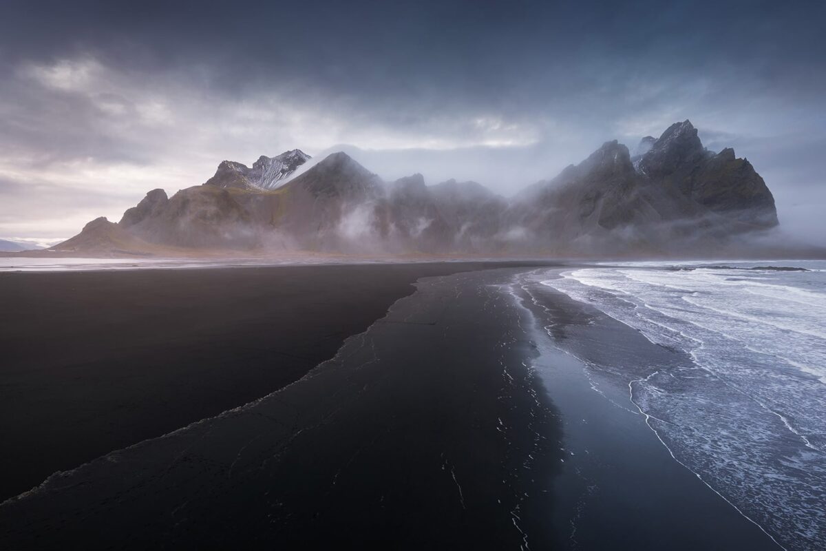 Drone landscape view captured by drone of Stokksnes black sand beach and dramatic Icelandic coastline.