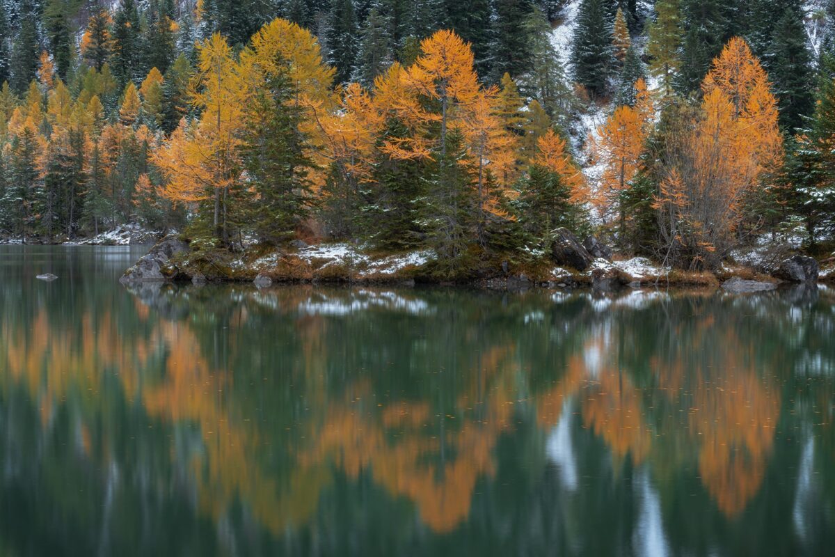 Landscape photography of Derborence Lake in the Canton of Valais, Swiss Alps, captured with a Nikon Z8 in autumn. The scene features calm turquoise water surrounded by golden fall colours and forest reflections.