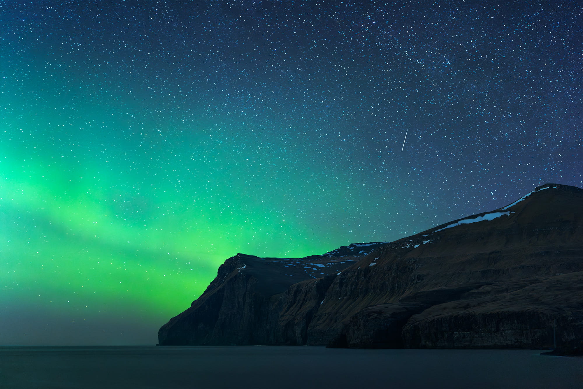 Landscape photography of green northern lights above Eiði on Eysturoy Island in the Faroe Islands, captured with a Nikon D810 under a dramatic North Atlantic sky.