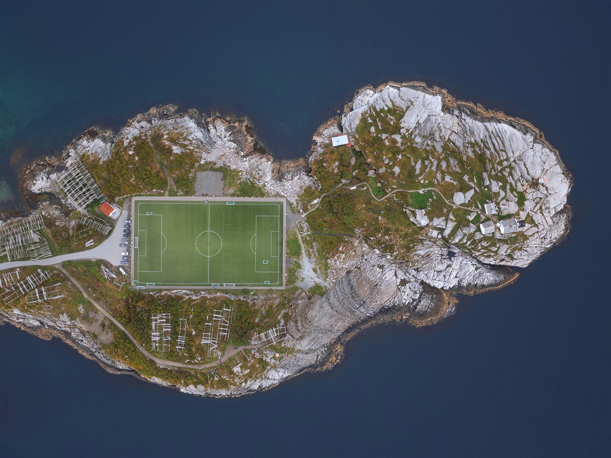 Aerial view of a football field on a small island in Henningsvær, Lofoten Islands, Norway