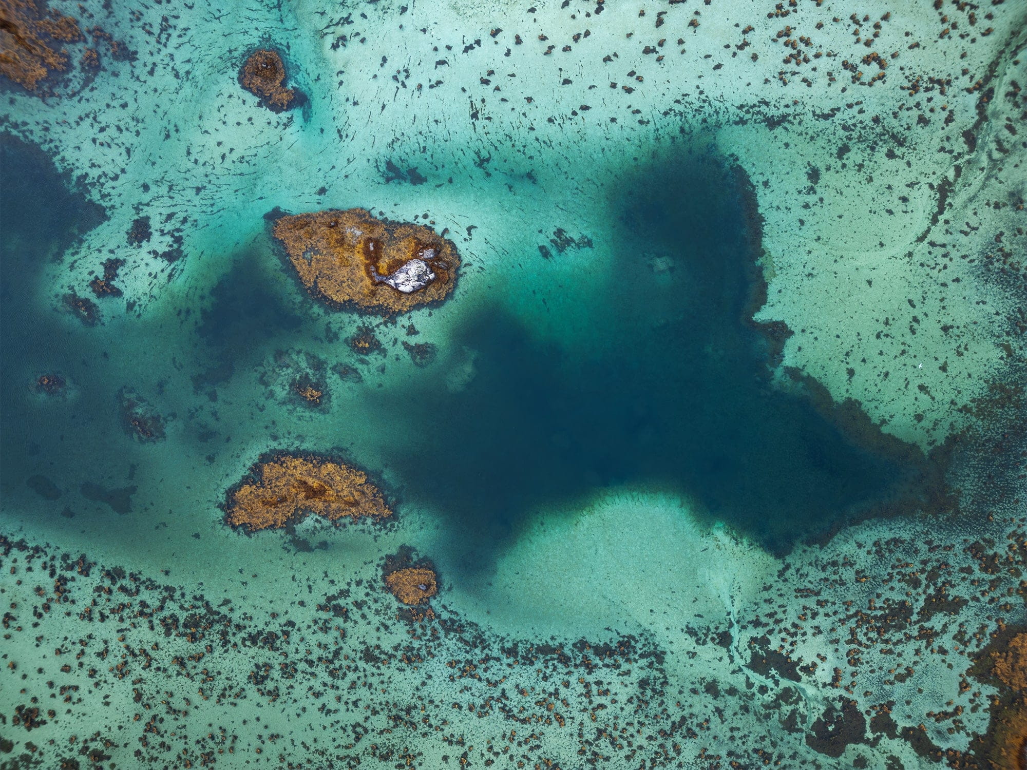 Aerial view of a turquoise lagoon in the Lofoten Islands, Norway, with sandbanks and rocks forming a shape resembling a whale tail