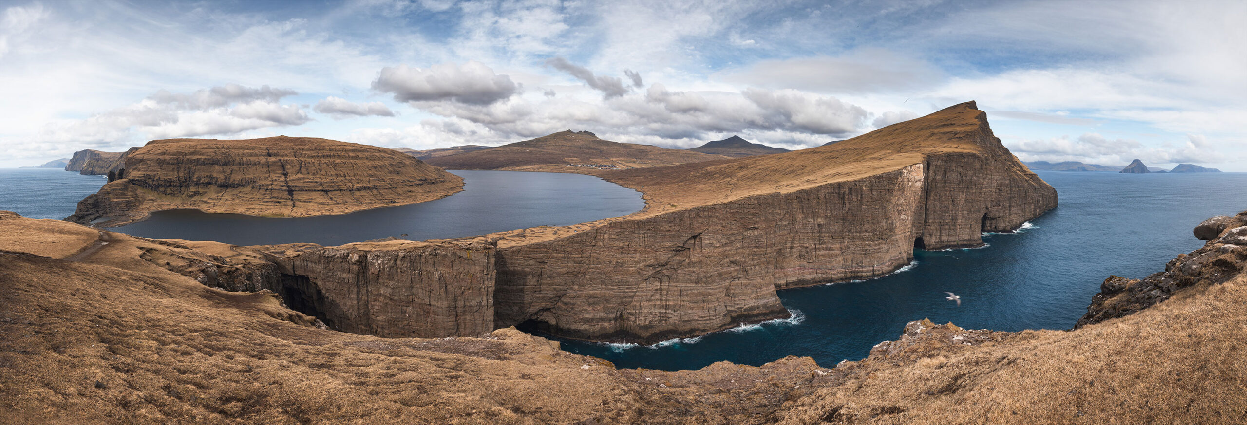 Panoramic view of Trælanípa cliffs and Sørvágsvatn lake overlooking the Atlantic Ocean, Vágar Island, Faroe Islands