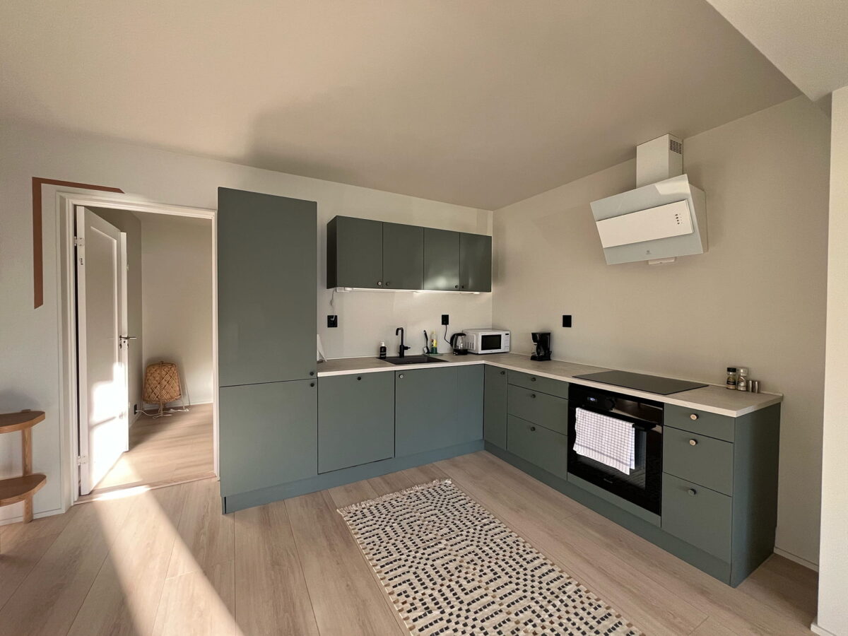 Modern kitchen in a holiday apartment in central Lofoten near Gravdal, with green cabinets, light wooden floor and warm evening sunlight entering the room.