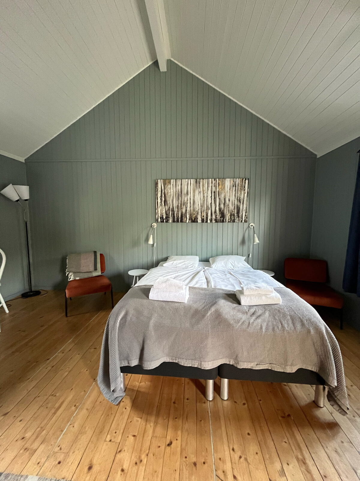 Cozy rorbu cabin interior in Sørvågen, Lofoten Islands, Norway