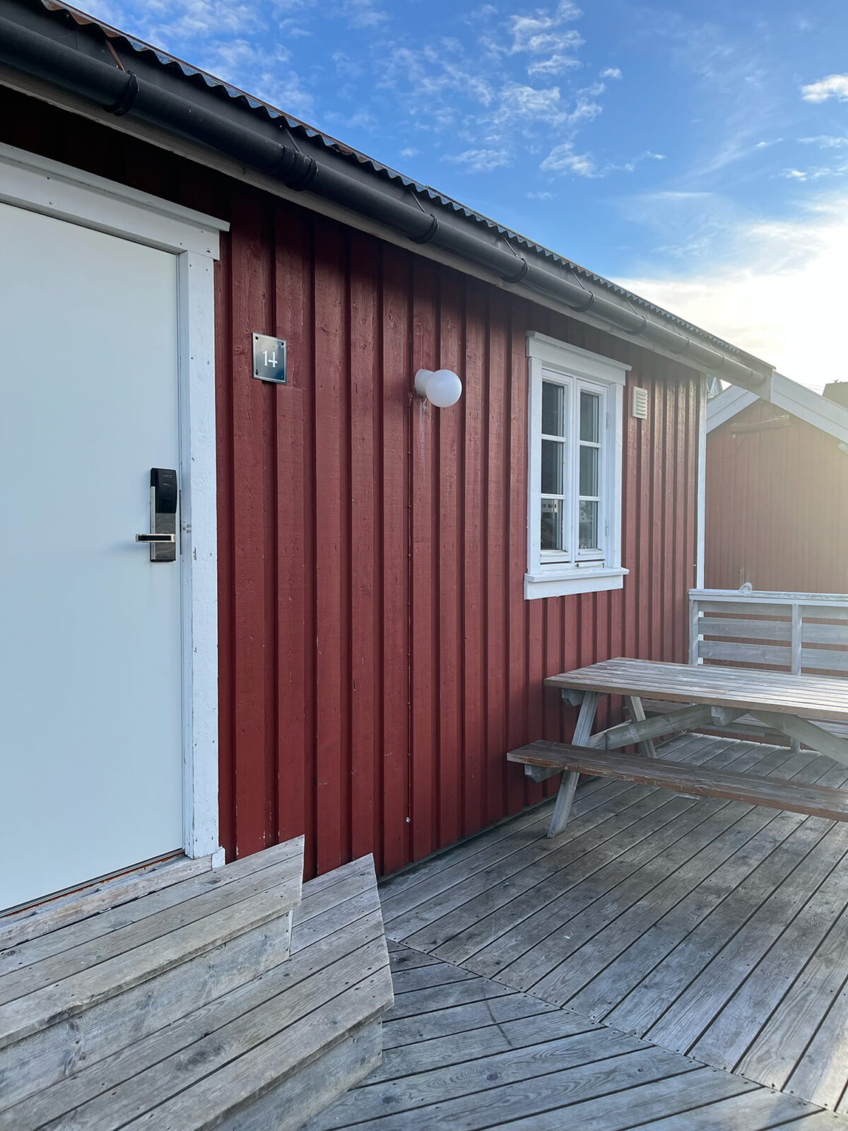 Traditional red rorbu cabin in Sørvågen, Lofoten Islands, Norway