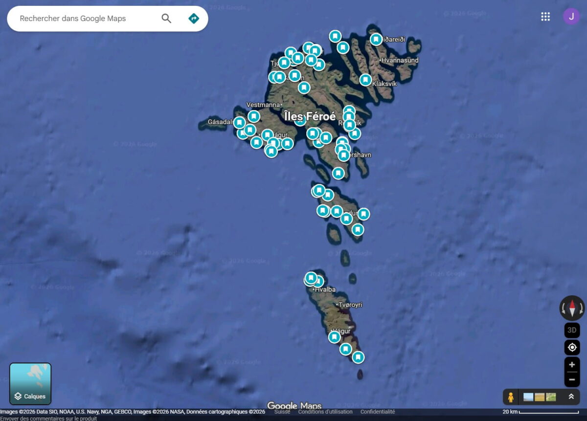 Google Maps screenshot showing saved landscape photography locations across the Faroe Islands, used to plan a photography itinerary.