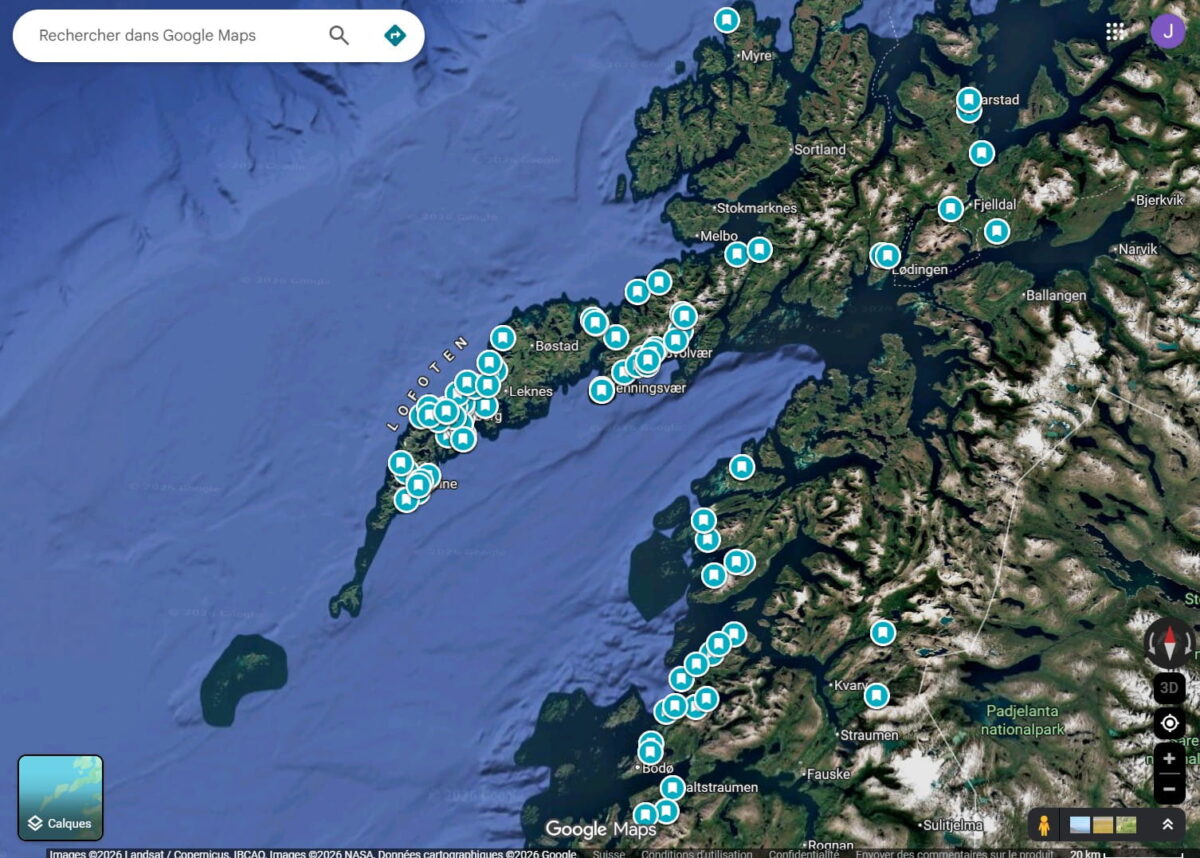 Google Maps screenshot showing saved landscape photography locations across the Lofoten Islands and Nordland region in Norway, used for photography trip planning.