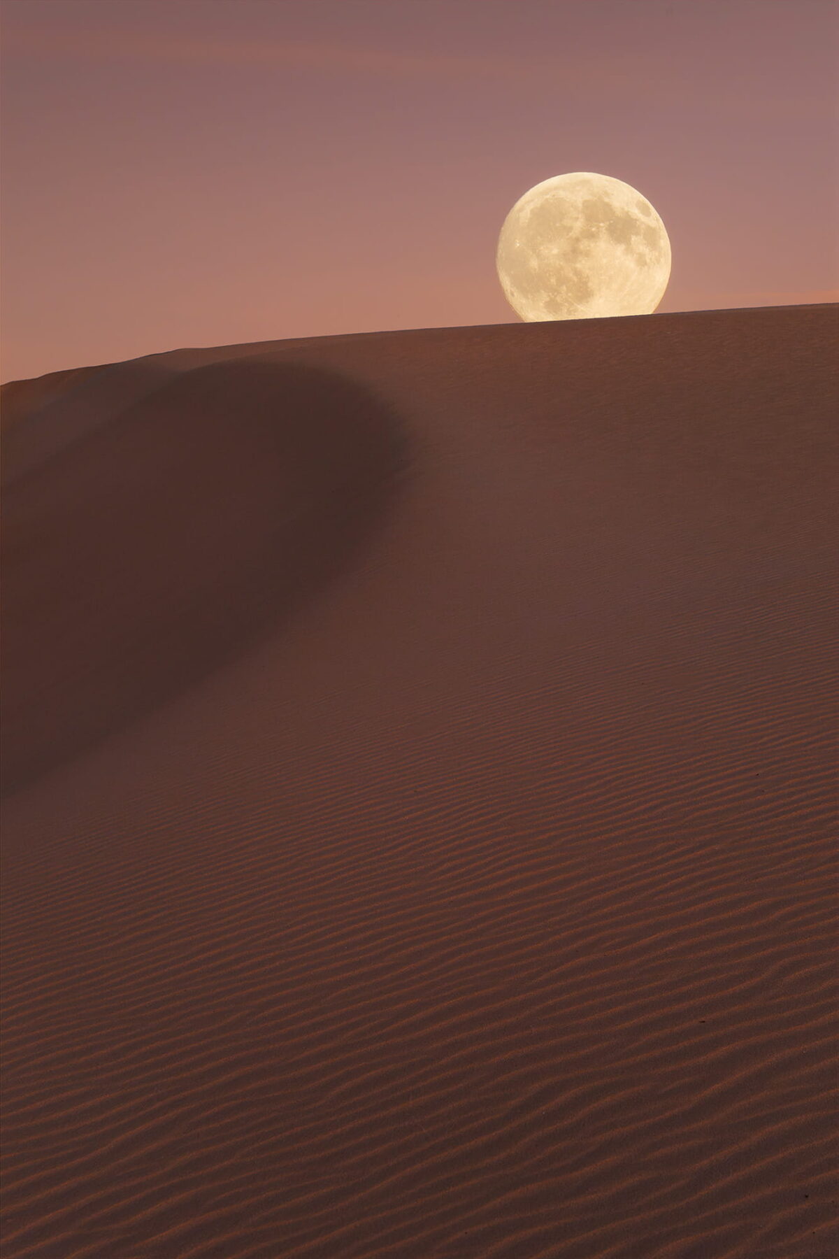 Minimalist landscape photography of a full moon rising above a rippled sand dune in Fuerteventura, Canary Islands, with warm reddish sand and a soft pink sky creating a peaceful atmosphere.
